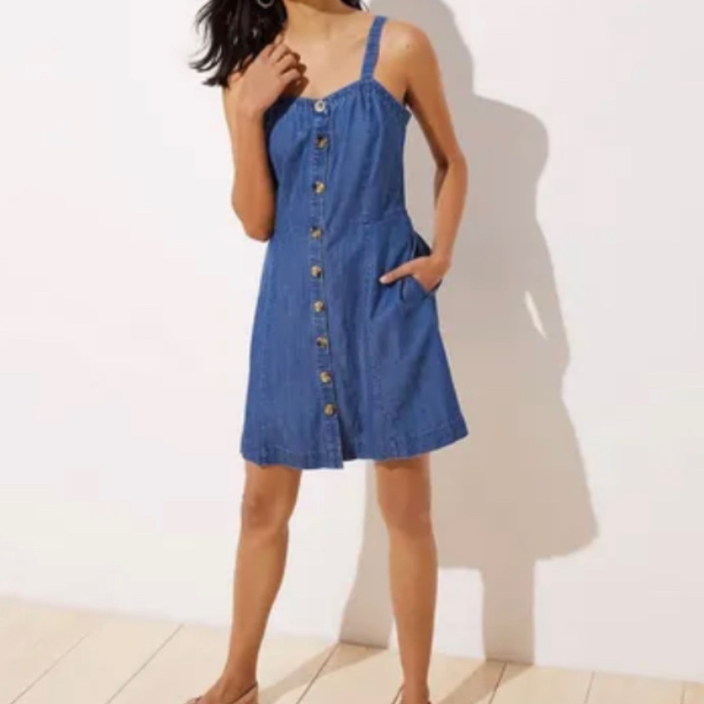 Loft denim button front dress petite size 2